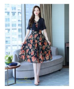 ミディアム | ワンピース レディース 花柄 着痩せ きれいめ おしゃれ 夏 サマーワンピース 膝丈 大きいサイズ 通勤 肩マント ミディアムワンピース お出かけ 気質 二点セット