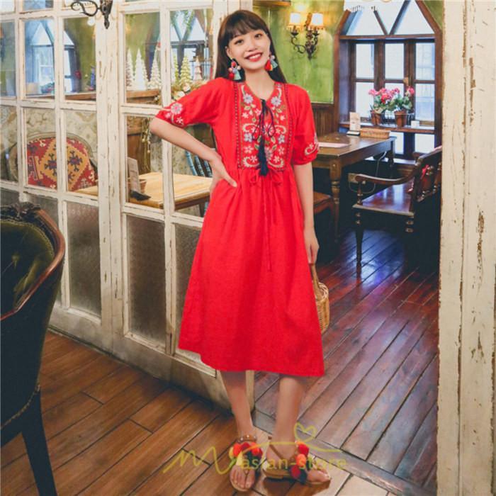 マキシ | ワンピース レディース 刺繍 綿麻 レトロ調 インスタ映え ナチュラル エスニック風 民族風 ボヘミアン 柔らかい SNS映え リゾート 赤 黄色 撮影 白