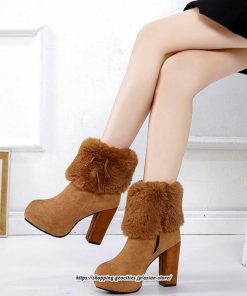 ブーツ | ショートレディース ハイヒール 10cmヒール 厚底 冬用 保温防寒 スエード調 ファー 靴 冬靴 太めヒール シューズ サイドジッパー 痛くない