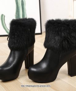 ブーツ | ショートレディース 10.5cmヒール ファー サイドジッパー 太めヒール 冬用 保温 防寒 あったか 疲れない オシャレ 歩きやすい 冬靴 痛くない