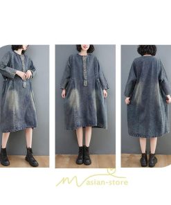 デニムワンピース | ワンピース デニム レディース 40代 ロング チュニック 長袖 ゆったり 大きいサイズ 20代30代50代 ロング丈 体型カバー 膝丈