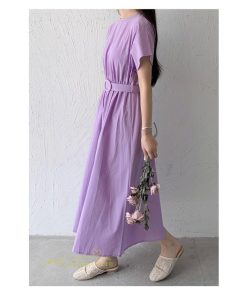 マキシ | 夏ワンピース ロングワンピース フレア 無地 半袖 ベルト付き Aラインワンピース レディース ワンピ 可愛い 体型カバー 大きいサイズ ゆったり カジュアル