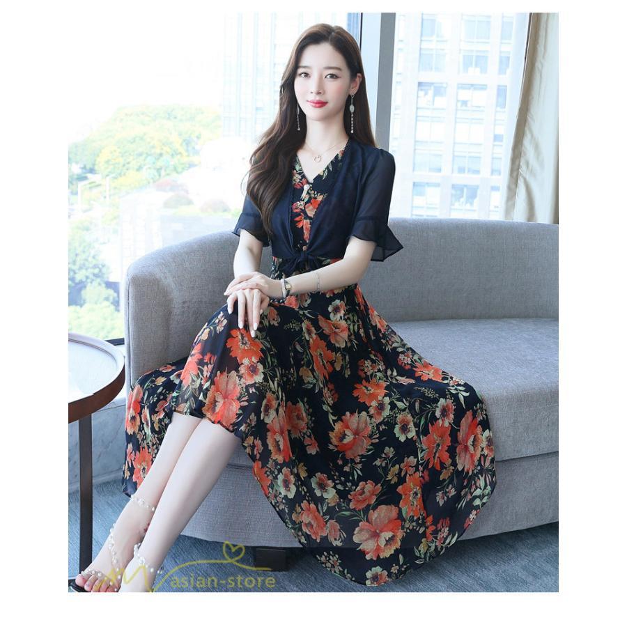 ミディアム | ワンピース レディース 花柄 着痩せ きれいめ おしゃれ 夏 サマーワンピース 膝丈 大きいサイズ 通勤 肩マント ミディアムワンピース お出かけ 気質 二点セット