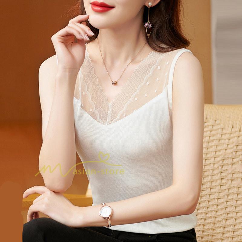 キャミソール タンクトップ | タンクトップ レディース 春夏 インナー トップス ノースリーブ Vネック Vネックタンク レース付き カシュクール 上品 お出かけ 20代30代40代50代 快適 ママ