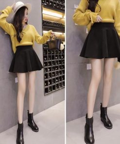 スカート | 秋冬ツイードフレアミニウエストゴム Aラインハイウエスト 無地 黒可愛い 膝上丈 大人 30代