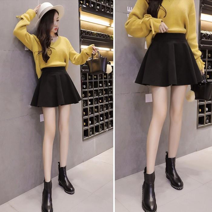 スカート | 秋冬ツイードフレアミニウエストゴム Aラインハイウエスト 無地 黒可愛い 膝上丈 大人 30代