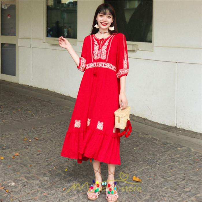 マキシ | ワンピース きれいめ レディース 夏 秋 ロング 上品 大人 七分袖 お出かけ 高見え 赤 白 黄色 上質 20代 50代 40代 ゆったり リゾート 30代 旅行 体型隠し