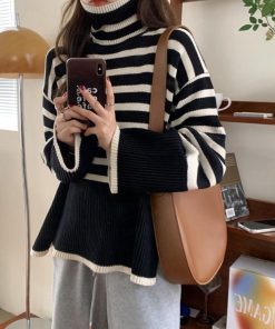 ニット・セーター | タートルネックボーダーニットトップス冬服