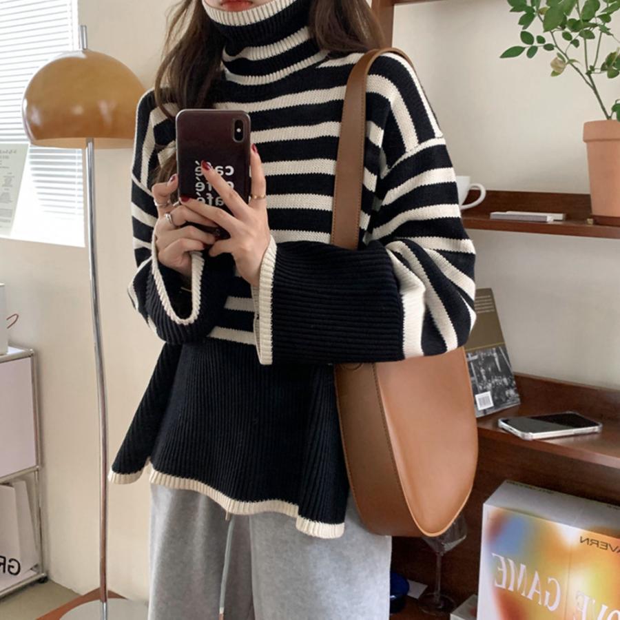 ニット・セーター | タートルネックボーダーニットトップス冬服