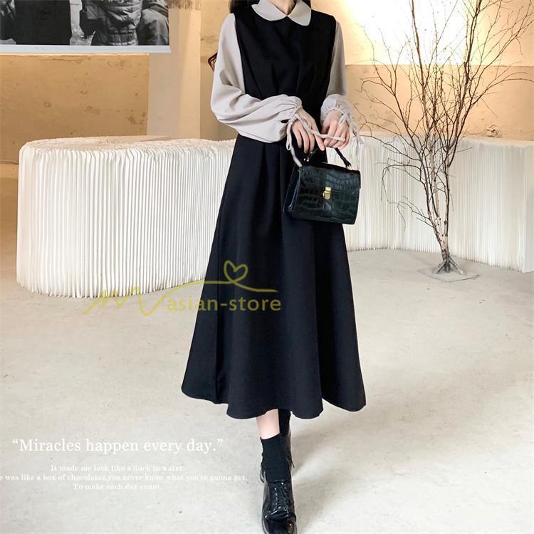 マキシ | ドッキングワンピース レイヤード風ワンピース ロングワンピース Aラインワンピース フェイク 切り替え 秋 レディース 30代40代50代 長袖ワンピ ワンピ