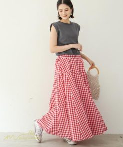 スカート | ロング夏新作 フレア切り替え チェック柄 20代30代 大人 40代50代 可愛い 60代 ゆったり 広い裾 ウエストゴム 6色 春 ダンス舞台 綿 春夏 秋