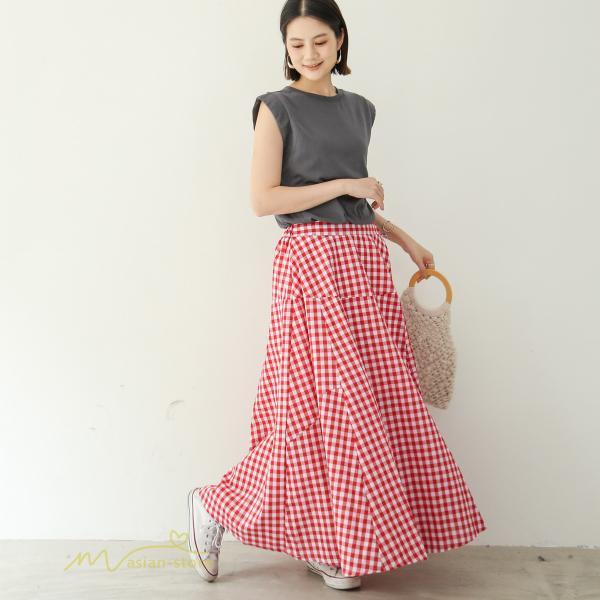スカート | ロング夏新作 フレア切り替え チェック柄 20代30代 大人 40代50代 可愛い 60代 ゆったり 広い裾 ウエストゴム 6色 春 ダンス舞台 綿 春夏 秋