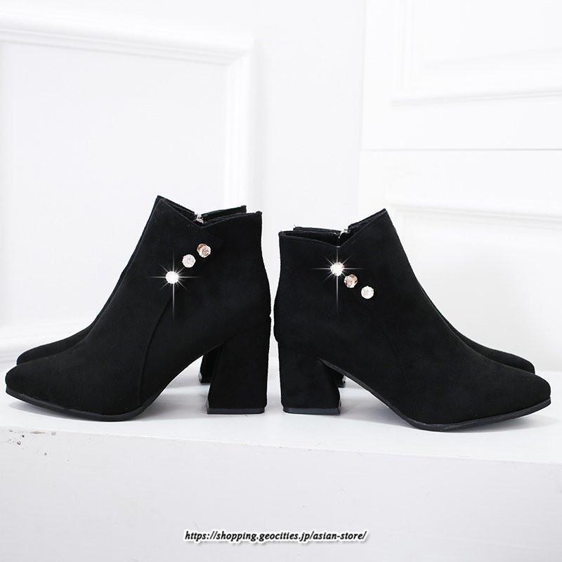ブーツ | ショートブーティ レディース スエード調 太めヒール 靴 人工水晶 キラキラ オシャレ お出かけ デート キレイめ 通勤 20代30代40代50代