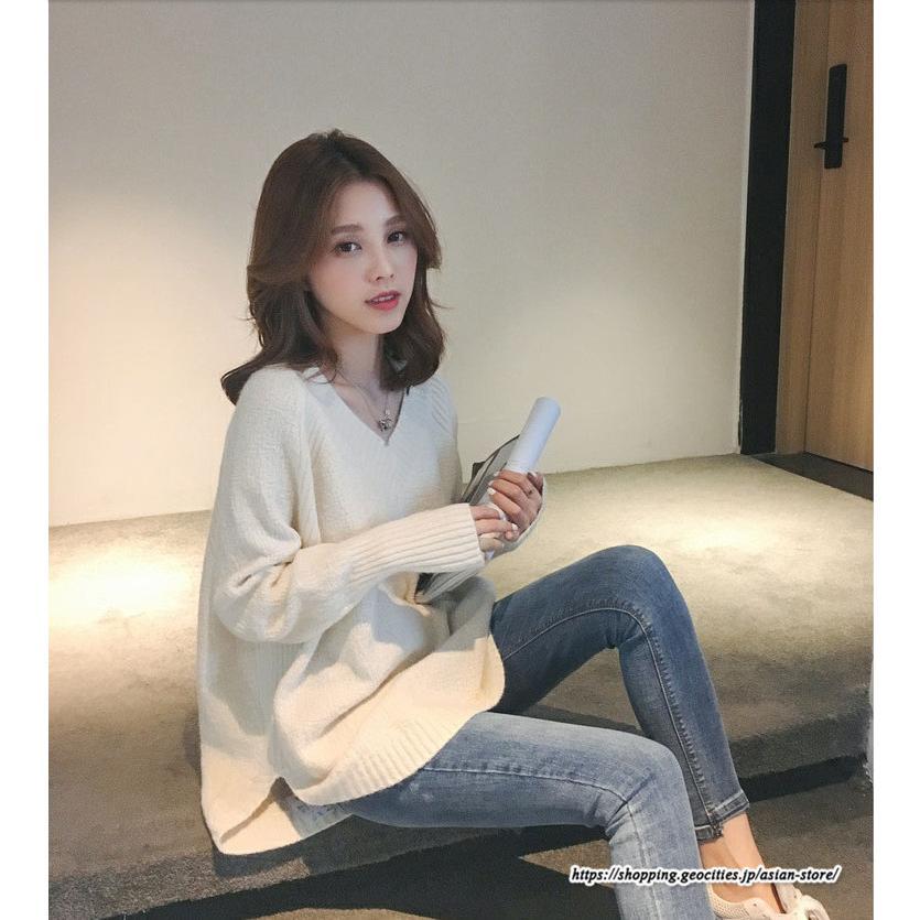 ニット・セーター | ニット レディース 秋 秋服 トップス セーター 秋服コーデ 長袖 Vネック オフィスカジュアル プルオーバー ゆったり 大きめ ラウンドヘム模様編みニット 冬服