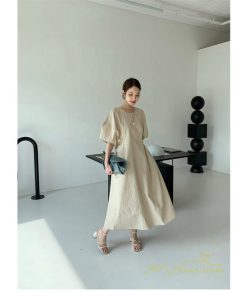 マキシ | ワンピース レディース パフスリーブロングワンピース ハーフスリーブ マキシワンピース ロング丈 半袖 マキシ丈 送料無料 韓国ファッション カジュアル