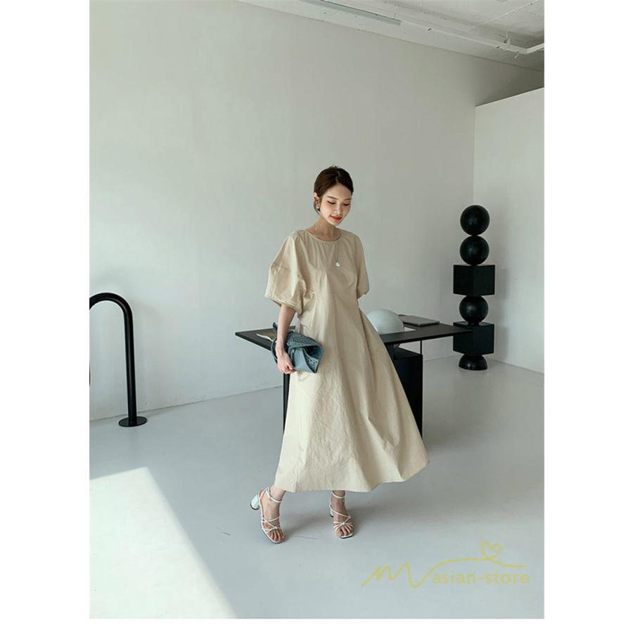 マキシ | ワンピース レディース パフスリーブロングワンピース ハーフスリーブ マキシワンピース ロング丈 半袖 マキシ丈 送料無料 韓国ファッション カジュアル
