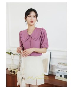 シャツ・ブラウス | ブラウス シフォン トップス レディース 白 紫 夏ブラウス シフォンブラウス 半袖 オフィス 春夏 クルーネック お出かけ 着痩せ 華奢見え フリル