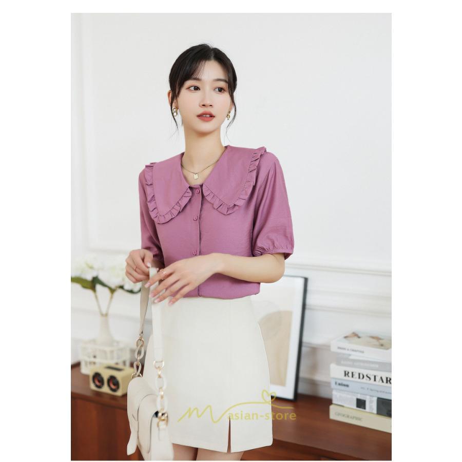 シャツ・ブラウス | ブラウス シフォン トップス レディース 白 紫 夏ブラウス シフォンブラウス 半袖 オフィス 春夏 クルーネック お出かけ 着痩せ 華奢見え フリル