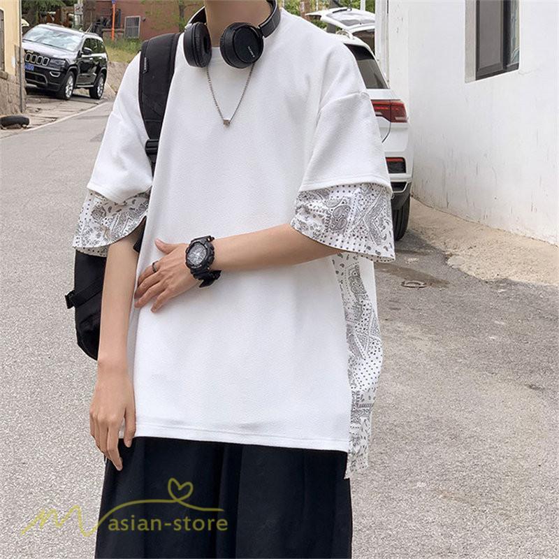 Tシャツ | メンズ 半袖 シンプル 半袖tシャツ クルーネック カジュアル 重ね着風 切り替え カッコウイイ 夏新作 カットソー ゆったり 20代 40代 体型カバー 30代