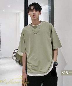 Tシャツ | メンズ 夏物 半袖 五分袖 フェイク レイヤード 重ね着 無地 おしゃれ プルオーバー オーバーサイズ しっかり ロングｔ 男 20代 カジュアル 30代