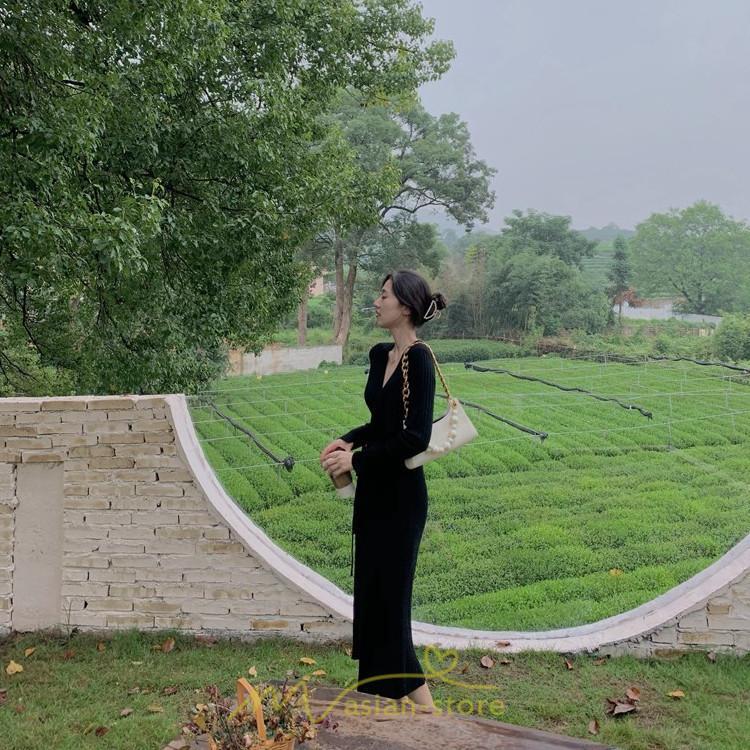 ニットワンピース | ワンピース 春 春服 レディース 長袖 ゆったり 秋 冬 vネック 着痩せ スリット 旅行 女子会 デート 20代30代40代50代 お出かけ