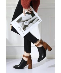 ショートブーツ | 大きいサイズレディース チャンキーヒール ポインテッドトゥ 太ヒール 合皮ブーツ バックファスナー ブーツ 黒ブーツ バイカラー ミドルヒール