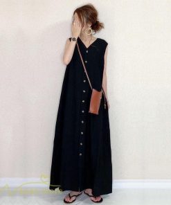 ノースリーブ | 夏ワンピース 20代30代 ロングワンピース 40代50代 タンクトップワンピース Aラインワンピース ゆったり ボタン 綿 レディース Vネック 無地