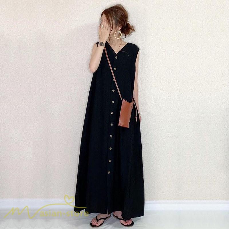 ノースリーブ | 夏ワンピース 20代30代 ロングワンピース 40代50代 タンクトップワンピース Aラインワンピース ゆったり ボタン 綿 レディース Vネック 無地