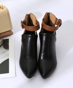 ショートブーツ | 大きいサイズレディース チャンキーヒール ポインテッドトゥ 太ヒール 合皮ブーツ バックファスナー ブーツ 黒ブーツ バイカラー ミドルヒール