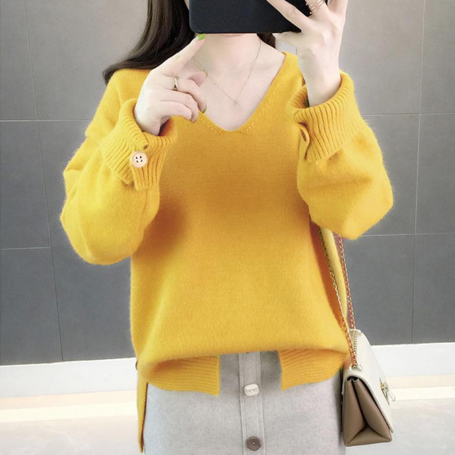 ニット・セーター | Vネック ニット ニットトップス プルオーバー 無地 ニットセーター スリット入り 秋冬 ニットソー レディース