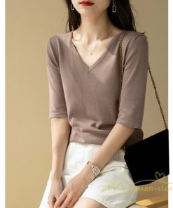 ｔシャツ・カットソー | サマーニット レディース Vネック トップス ニット 半袖 春服 春物 ニットチュニック 無地 きれいめ 春夏 黒 リブ 夏ニット 白 5分袖 涼し気