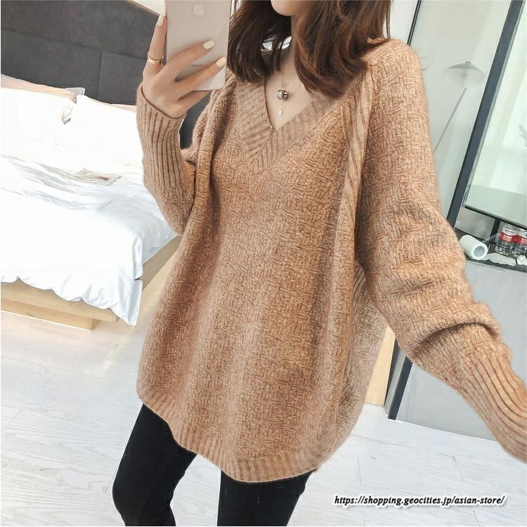 ニット・セーター | ニット レディース 秋 秋服 トップス セーター 秋服コーデ 長袖 Vネック オフィスカジュアル プルオーバー ゆったり 大きめ ラウンドヘム模様編みニット 冬服