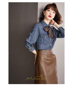 シャツ・ブラウス | デニムシャツ シャツ トップス レディース ブラウス デニム カジュアル リボン レトロ風 通勤 通学 オシャレ ナチュラル 上品 可愛い キレイめ 秋服 2022