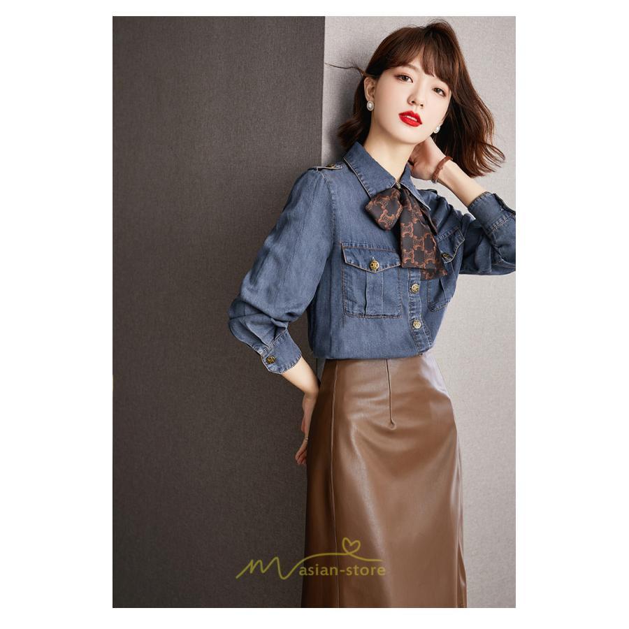 シャツ・ブラウス | デニムシャツ シャツ トップス レディース ブラウス デニム カジュアル リボン レトロ風 通勤 通学 オシャレ ナチュラル 上品 可愛い キレイめ 秋服 2022