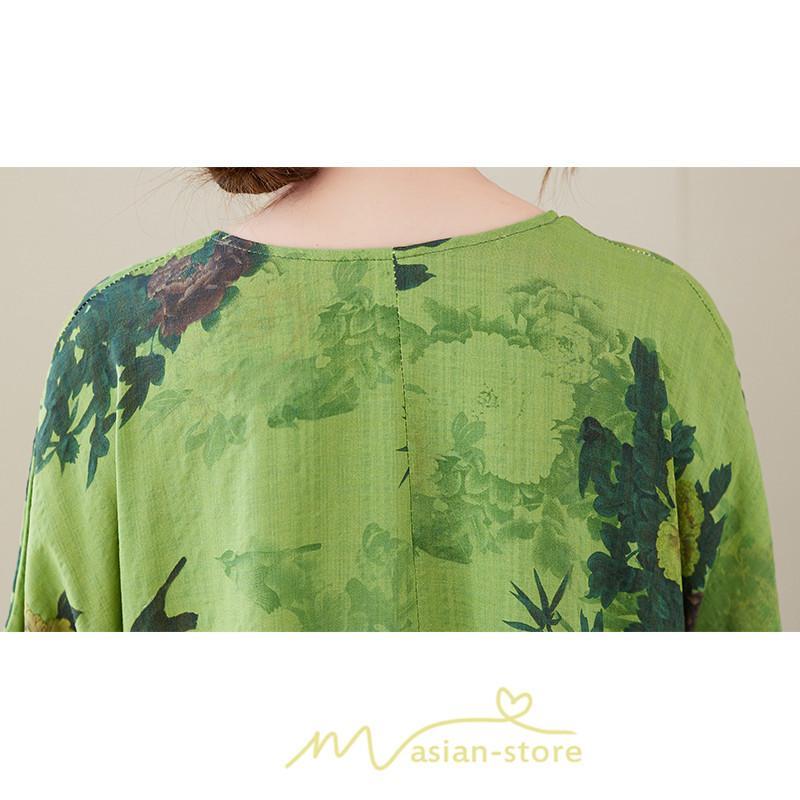 マキシ | ワンピース レディース 大きいサイズ 半袖 ロング丈 マキシ丈 クルーネック コットン 花柄 緑 夏 体型カバー 広がる裾 着痩せ 美シルエット ゆったり ポケット