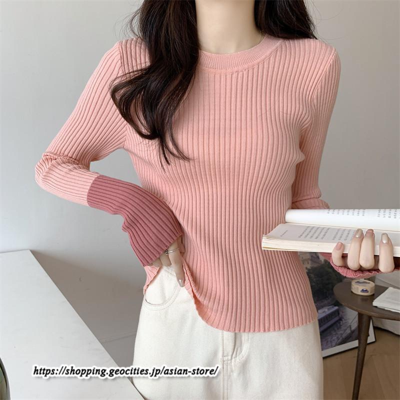 ニット・セーター | カットソー ニット レディース リブニット 長袖 秋冬 春 トップス スリム ストレッチ インナー 無地 長袖ニット 通学通勤 着痩せ 長袖カットソー プルオーバー