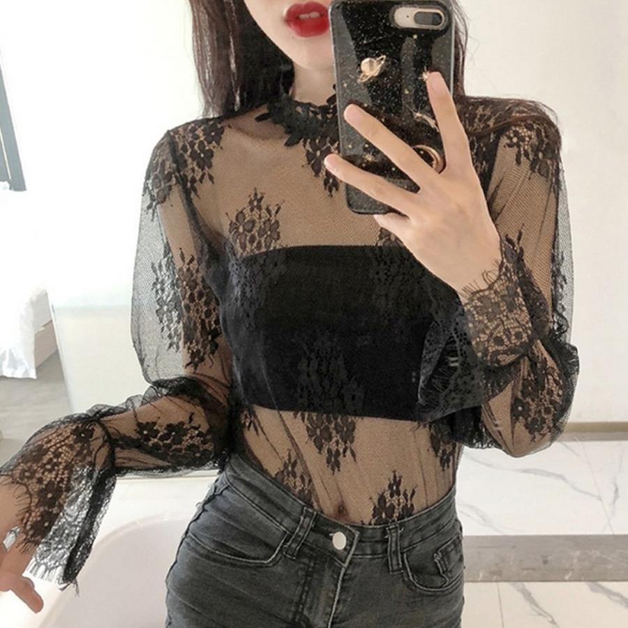 透かし編みトップス | トップス インナー ブラウス 長袖 レディース ネック シースルー