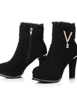 ショートブーツ | スエードブーツ レディース 切替 レース ラウンドトゥ 厚底シューズ チャンキーヒール 太ヒール 厚底 ミドルヒール サイドファスナー 黒