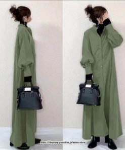 シャツワンピース | ロングパフスリーブ 長袖 フレア Aラインワンピース レディース 秋物 ワンピース 無地 羽織り ロングシャツ 無地 ゆったり