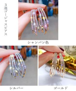 その他アクセサリー | 大ぶり ビジューピアス シルバー フープピアス 3連 リング ストーン きれいめ ゴールド