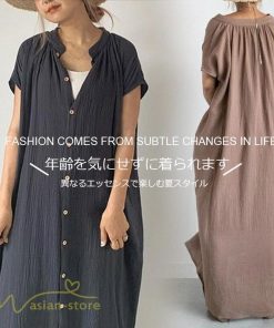 マキシ | ワンピース レディース 無地 シャツワンピース カジュアル 半袖 エレガント 体型カバー ゆったり マキシ丈 フリーサイズ 夏新作 お出かけ ロングワンピース