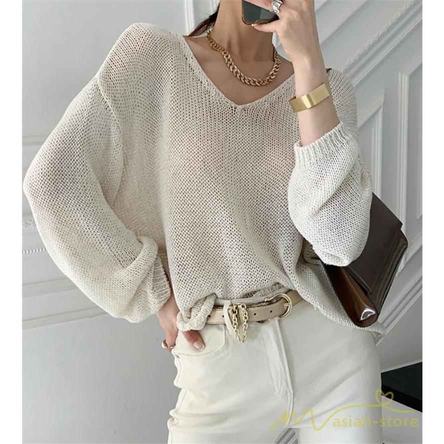 ニット・セーター | ニット サマーニット レディース トップス カットソー ニットソー Vネック 透かし編み 長袖 クルーネック Tシャツ ゆる 薄手 Tシャツ カジュアル リラックス