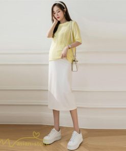 スカート | マタニティ膝丈 ひざ カジュアル マタニティウェア レディース 夏服 サマー ひざ下丈 ウエスト調整 お出かけ マタニティ 裾口スリット 妊婦