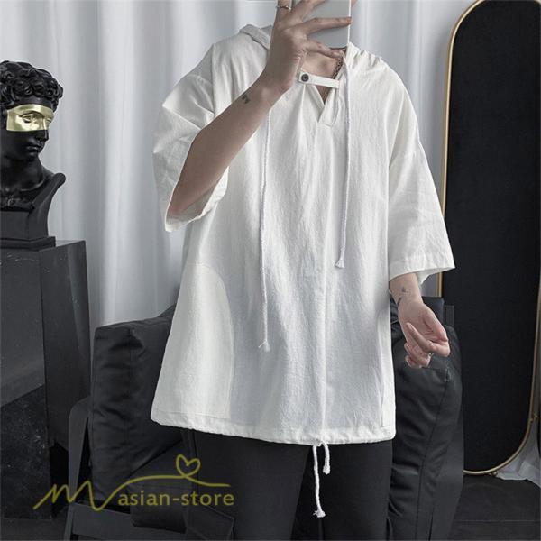 Tシャツ | トップス メンズ カットソー パーカー フード付き カジュアル 無地 7分丈 ゆったり 大きいサイズ 20代 30代 夏新作 ルームウェア 体型カバー シンプル