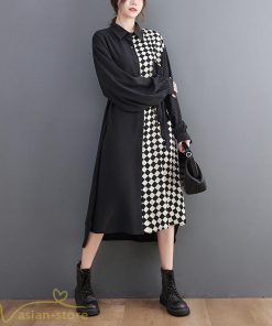 シャツワンピース | ワンピース 長袖 秋 新作 チェック柄 ゆったり 切り替え フリーサイズ ウエストリボン 体型カバー シンプル 大人 バルーンスリーブ 前開き