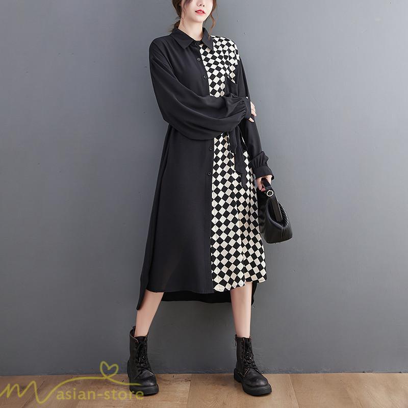 シャツワンピース | ワンピース 長袖 秋 新作 チェック柄 ゆったり 切り替え フリーサイズ ウエストリボン 体型カバー シンプル 大人 バルーンスリーブ 前開き