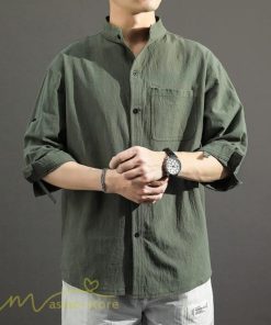 シャツ | 夏メンズ 麻 綿 カジュル 7分丈 カッコイイ ワイドゆったり 夏コーデ 新作 サマー風 スタンドカラー 日常感 無地 5XL ボタン 上品 大きいサイズ