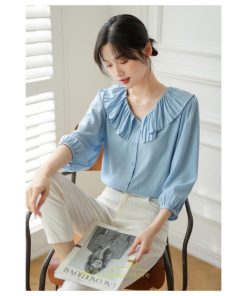 シャツ・ブラウス | ブラウス レディース シャツ おしゃれ きれいめ 七分袖ブラウス カジュアル 無地 フォーマル オフィス 夏物 エレガント Vネック ライトブルー 通勤 ビジネス