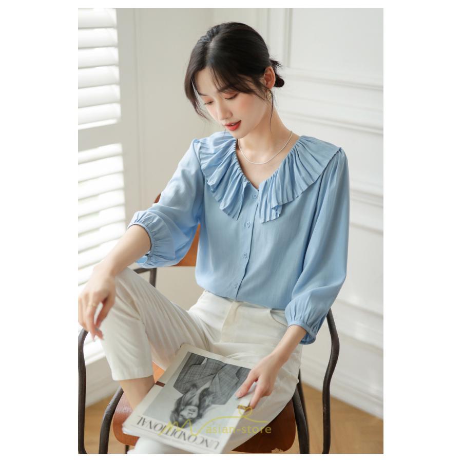 シャツ・ブラウス | ブラウス レディース シャツ おしゃれ きれいめ 七分袖ブラウス カジュアル 無地 フォーマル オフィス 夏物 エレガント Vネック ライトブルー 通勤 ビジネス