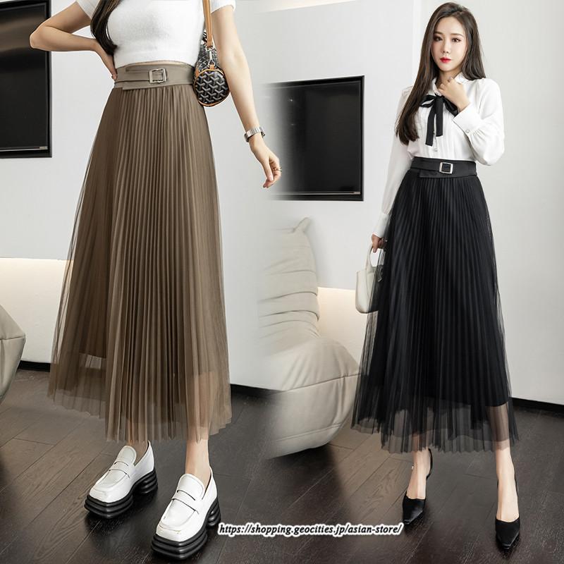 スカート | レディース 春秋 チュール美脚 プリーツロングAライン 体型カバー ボトムス おしゃれ 大人 通勤 お出かけ オシャレ